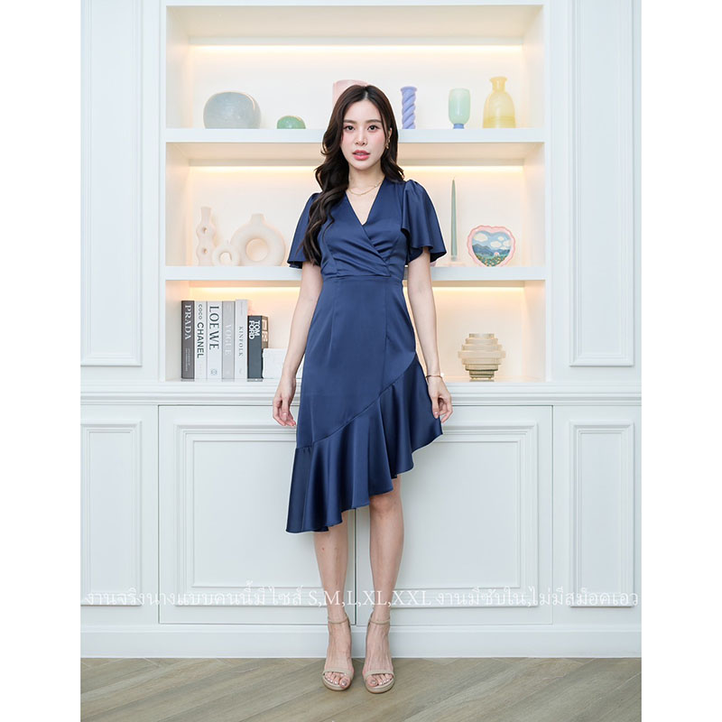 kudapy เดรสสั้นสีแดง/สีน้ำเงินกรมท่า/สีสีชมพู ออกงาน คอวีแขนระบาย ชายกระโปรงระบายสวยเก๋ แนวเรียบร้อยสวยหรูดูแพง เหมาะสำหรับใส่เป็นชุดราตรี