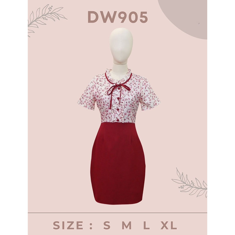 kudapy เดรสสั้นสีแดง/สีกรม/สีน้ำตาล ลายดอกอกแต่งระบาย