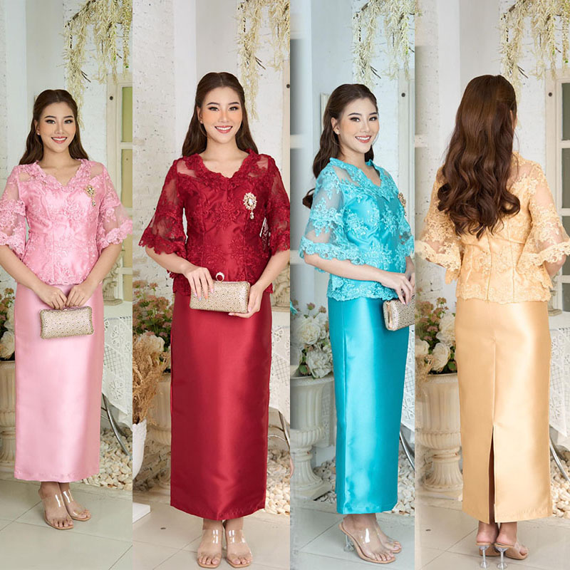 kudapy ชุดเซทสีแดงไวน์ ผ้าไหมญี่ปุ่นเนื้อหนา เสื้อคอวีแต่งลูกไม้เนื้อนิ่ม แขนระบาย เย็บไล่ความยาวให้ทรงแขนเสื้อเก๋