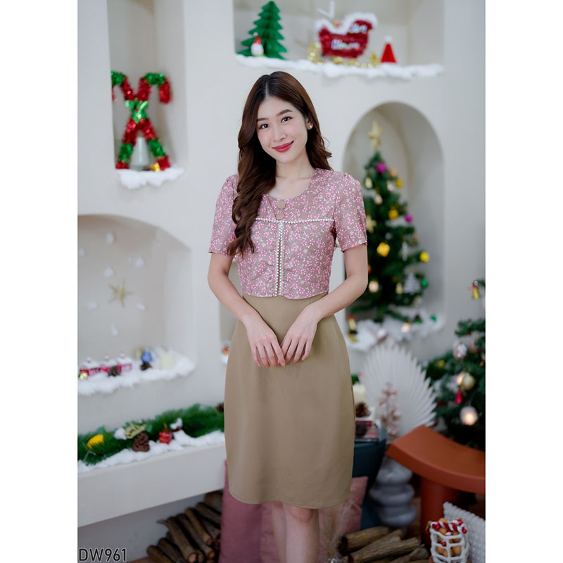 kudapy เดรสสั้นสีชมพู/สีน้ำตาล กั๊กลายดอกแขนสั้น ใส่สวยดูดีน่ารัก