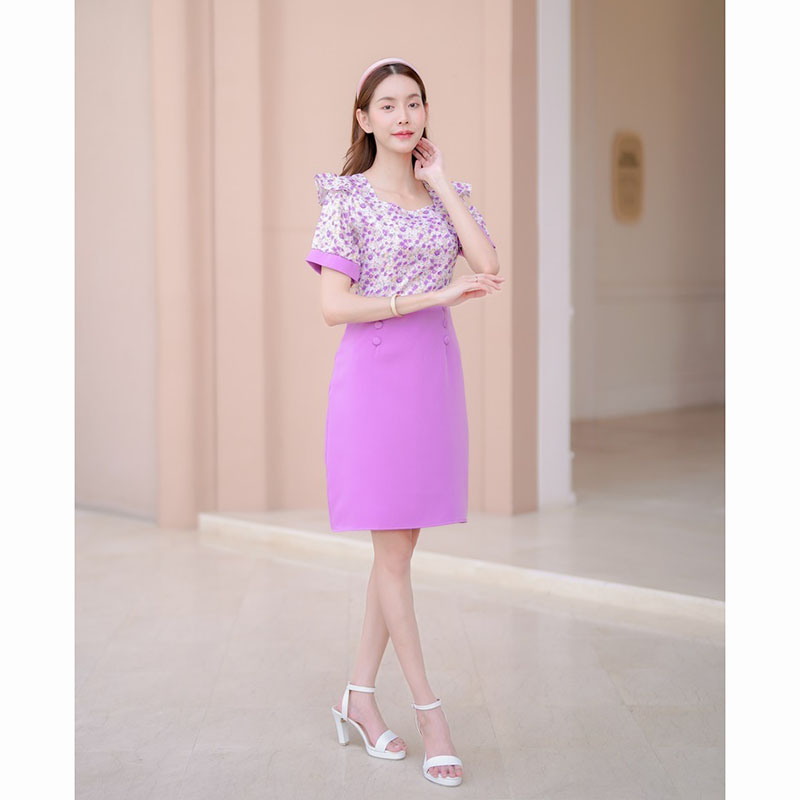 kudapy เดรสสั้นสีม่วง/สีชมพู/สีคราม แขนสั้นลายดอกมีกระดุม