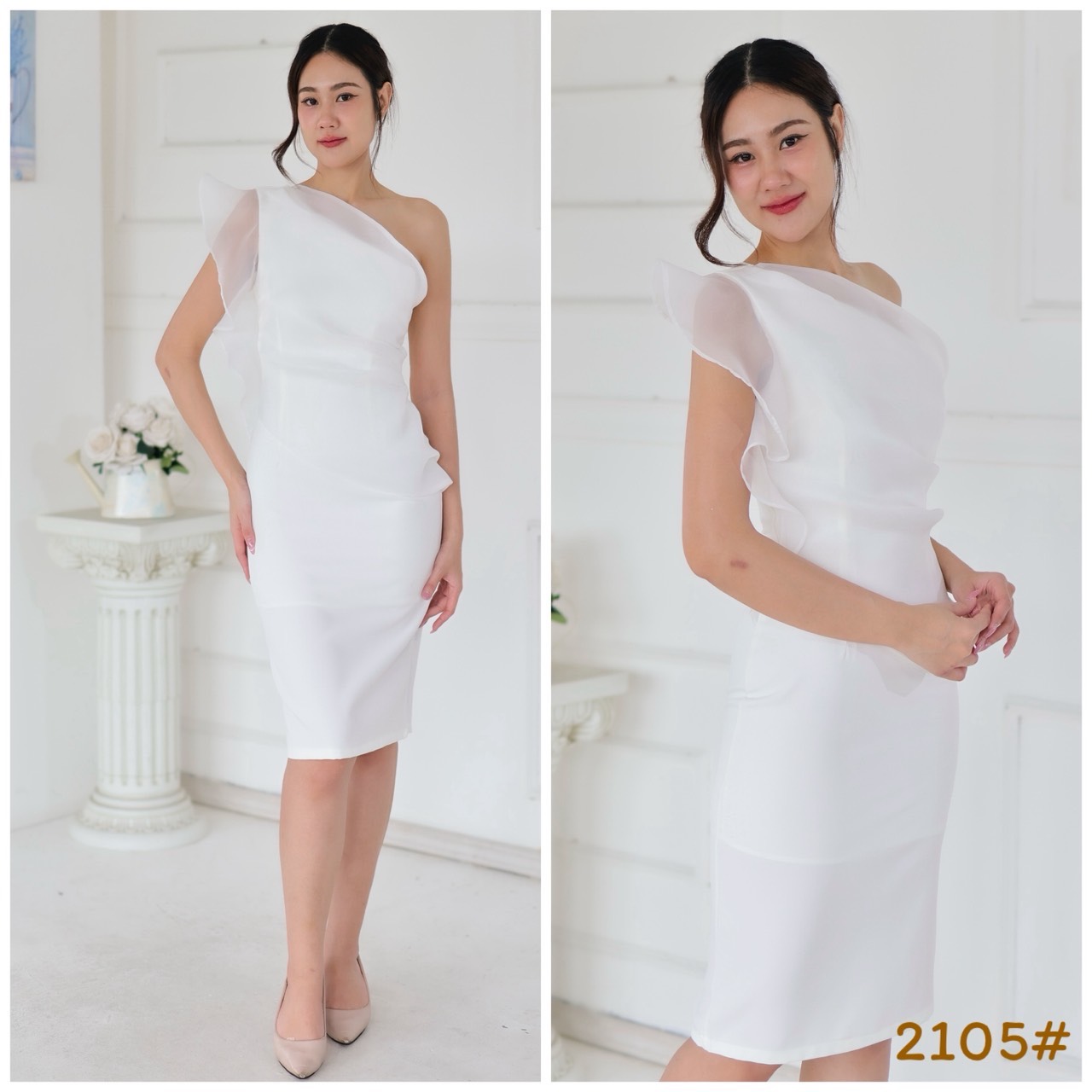 kudapy เดรสออกงานผ้าแก้ว ไหล่เดี่ยว สวยละมุนม เนื้อผ้าแก้ว สวยหวาน มีซับในทั้งตัว