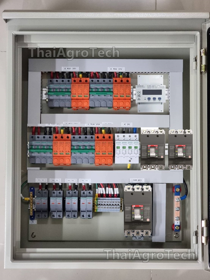 AC-DC combiner box 4string DC 1000V, 20A (SUNTREE), AC MCCB 3P 125A x1EA, 60Ax2EA (ABB), 3phase, 2Inverter X 20KW, Huawei Smart Meter 3 Phase (DTSU666-HW)(ตู้เหล็ก ธรรมดา เบอร์7 640x920x250 KBSS9007 KJL)