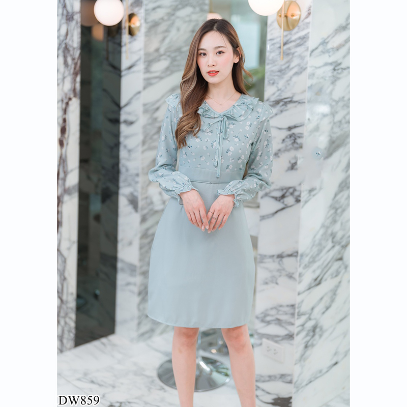 kudapy เดรสสั้นคอกลมสีฟ้า/สีชมพู/สีเขียว ใส่ทำงานแขนยาวคอระบายผูกโบว์กลางอก