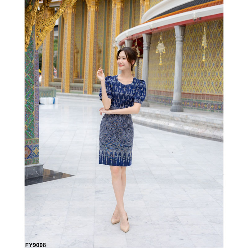 kudapy เดรสสั้นสีกรม/สีน้ำตาล ผ้าลายไทยแขนสั้น ผ้าใส่สบายสวยดูดี ใสออกงาน ใส่ทำงาน+เข็มขัด