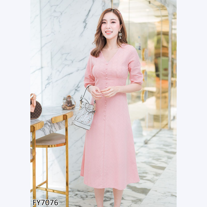 kudapy เดรสสั้นสีชมพู แขน2ส่วนกระดุมหน้าใส่แล้วสวยดูดี