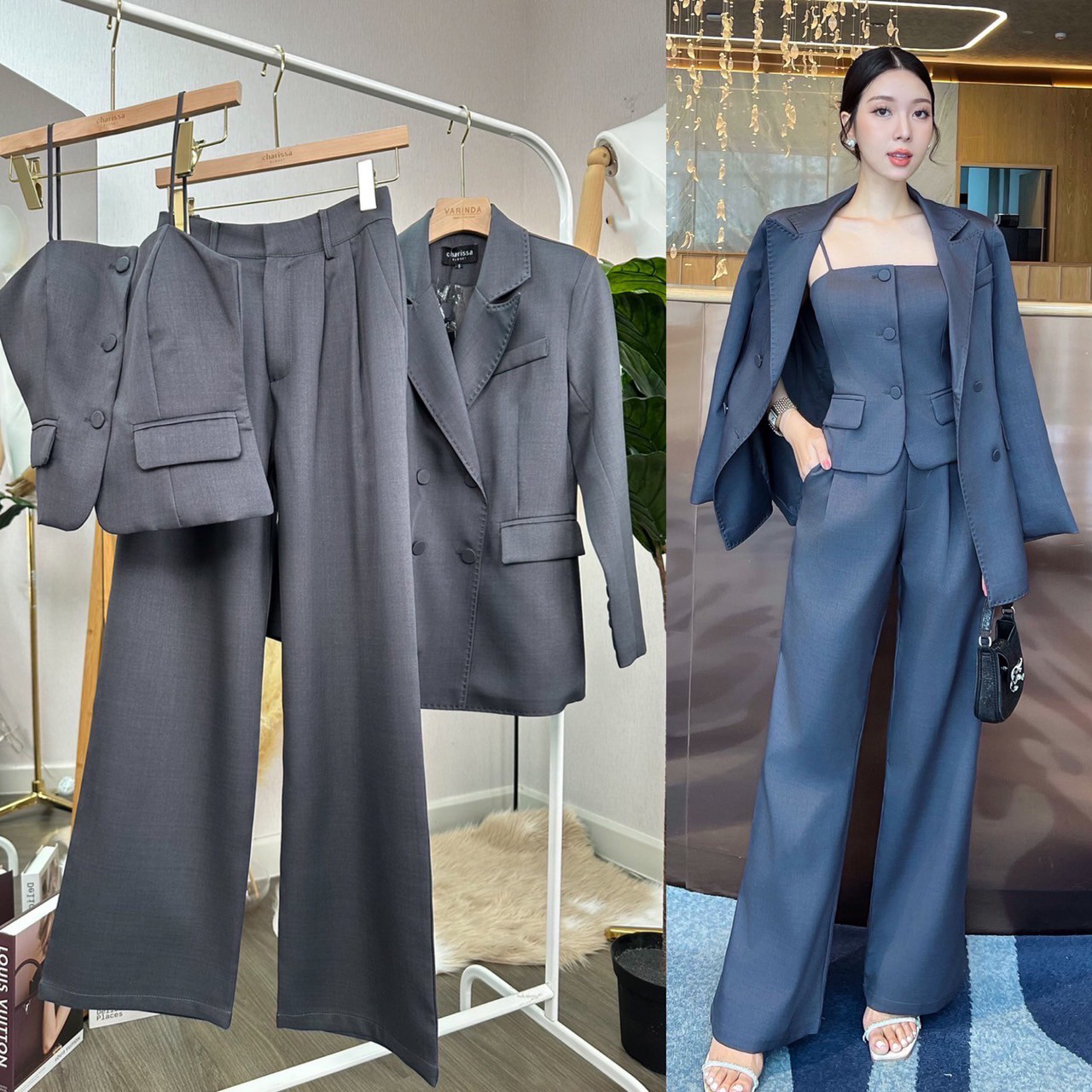 kudapy เซ็ทเสื้อสูท+กางเกง+เสื้อสายเดี่ยว เพิ่มความหรูหราด้วยการเดินด้านโชว์บริเวณขอบปกเสื้อ แต่งกระดุมจริงด้านหน้า กระเป๋าจริง มีซับในทั้งตัว