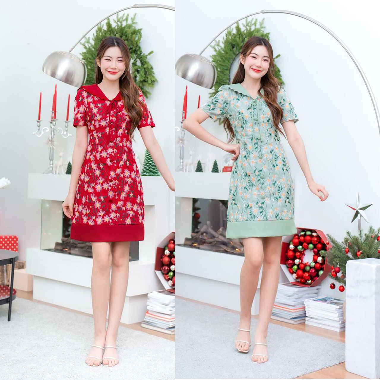 kudapy เดรสสั้นสีเขียว/สีแดง ทรงบานกะลาสีผ้าปักเดซี่