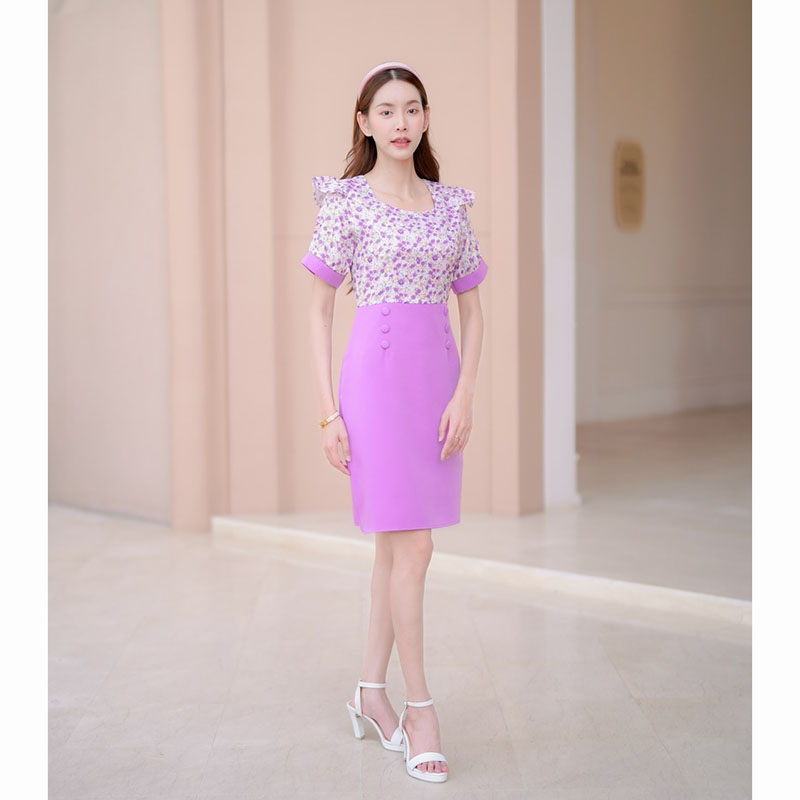 kudapy เดรสสั้นสีม่วง/สีชมพู/สีคราม แขนสั้นลายดอกมีกระดุม