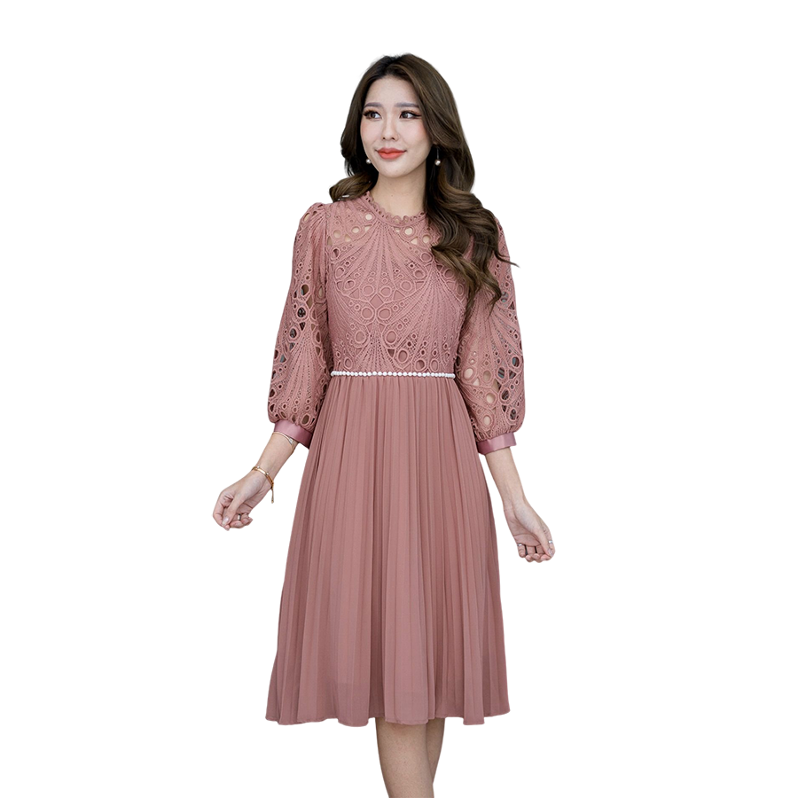 kudapy เดรสสั้นคอปีน แขนพองสีชมพู สีน้ำตาลกะปิ เดรสระบาย แต่งลูกปัดเพิ่มดีเทลที่เอว แขนสามส่วน งานมีซับใน ซิบหลัง