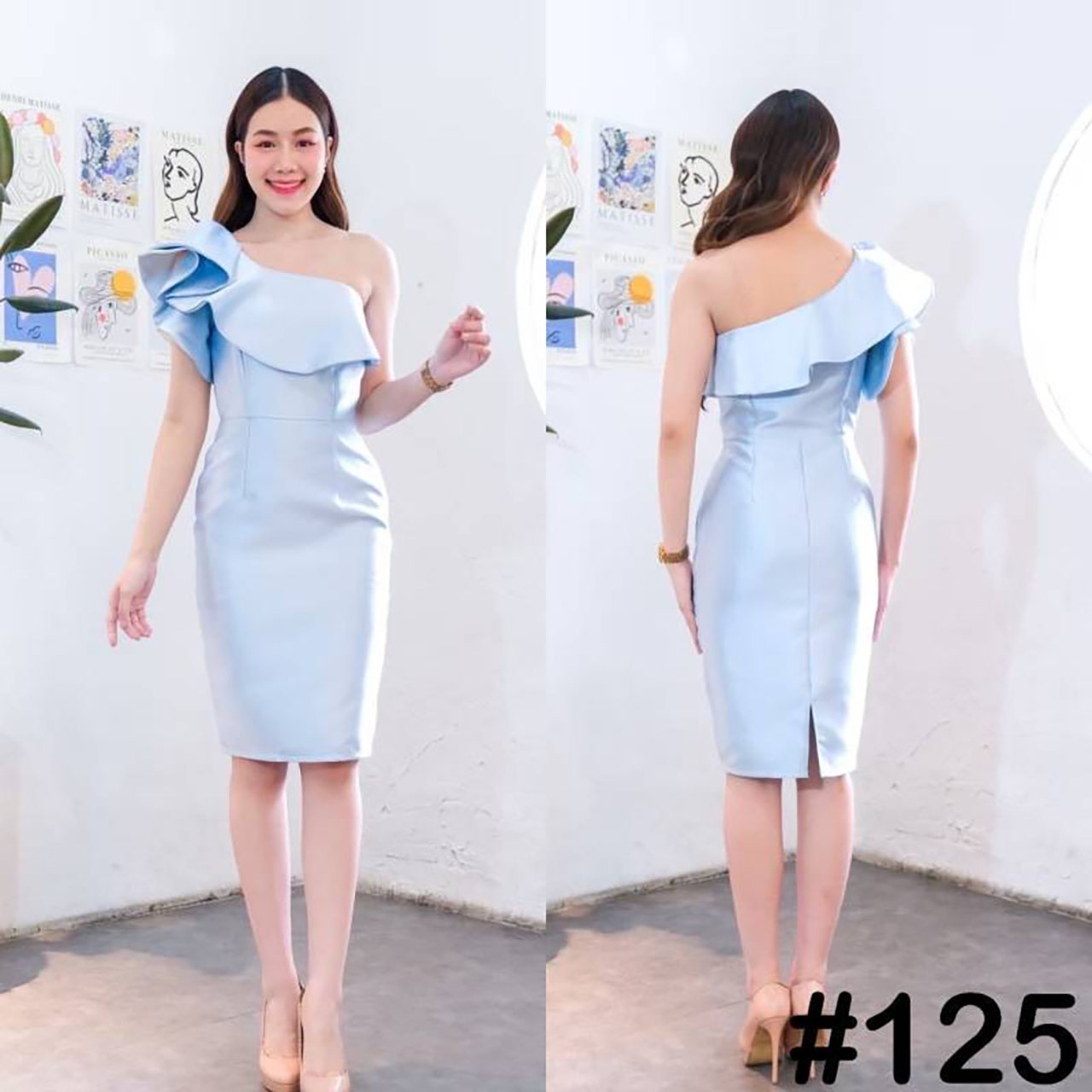 kudapy เดรสสั้นสีขียวอมเทา,ชมพู,ฟ้า,แดง,ทอง,เทา,กรม ,เขียว บ่าเดี่ยว จับเดรปแขน สองชั้น ระบายจีบช่วงอก