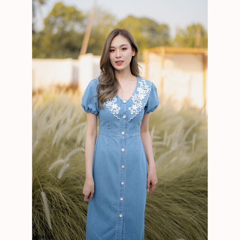 kudapy เดรสยีนส์ยาวสีกรม/สีฟ้า คอปกแต่งลูกไม้ กระดุมหน้า ใส่สบายสวยดูดี