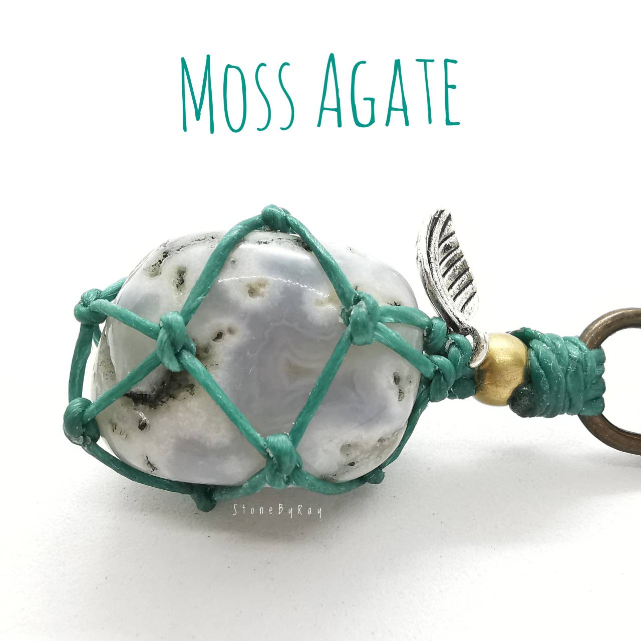 พวงกุญแจเชือกถักหินมอสอาเกต Moss Agate