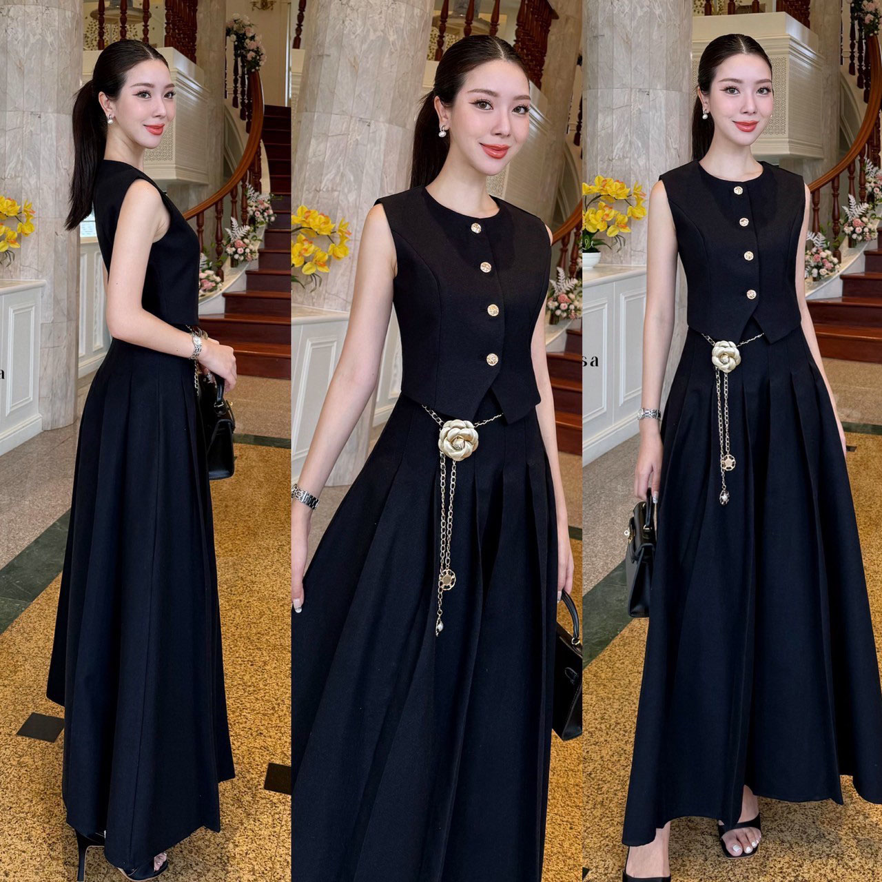 kudapy เซ็ท 4 ชิ้น เสื้อ Vest+กระโปรงยาว+เข็มขัดโซ่+เข็มกลัดดอกไม้ เสื้อกับกระโปรงเราใช้ผ้าเดียวกันทั้งชุด เนื้อผ้ามีน้ำหนัก ทิ้งตัวดี ย