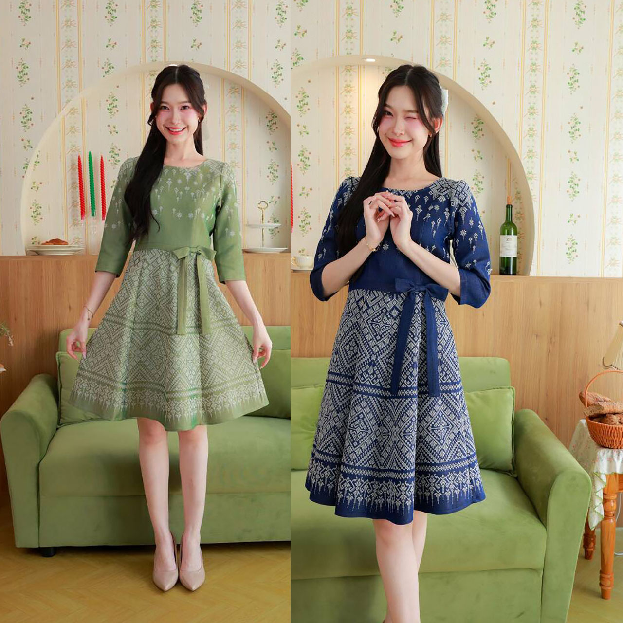 kudapy เดรสสั้น ผ้าไทยแขนยาวศอกเอวแต่งโบว์