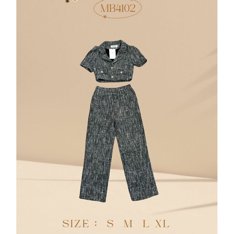 kudapy เซ็ทผ้าทวิตเสื้อปกสูท+กางเกงขายาวสีชมพู/สีดำ