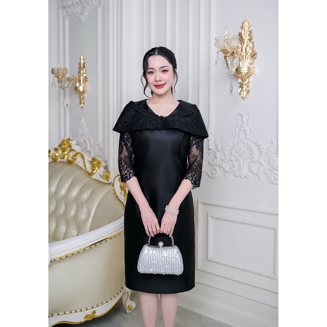 kudapy เดรสผ้าไหมโอบไหล่ งานผ้าสวยพรีเมี่ยมสุดๆ ลูกไม้คัดเกรดดอกสวยชัด