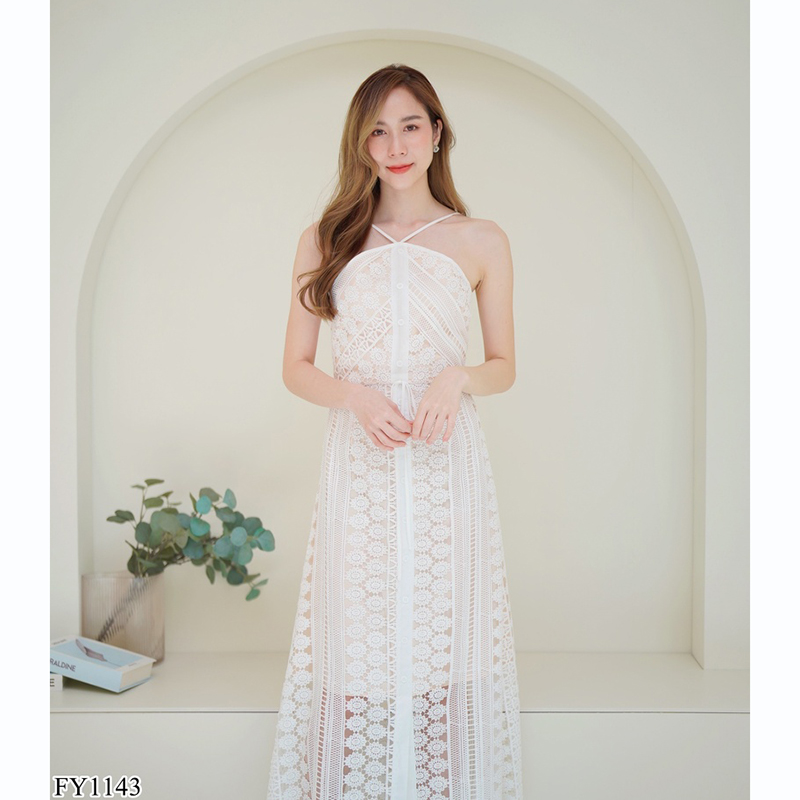 kudapy เดรสยาวสีขาว/สีม่วง สายเดี่ยวมีกระดุมตรงกลาง