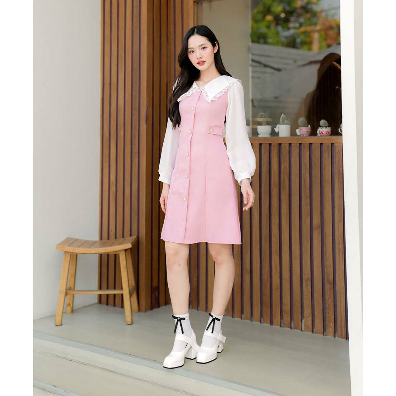 kudapy เดรสสั้นสีชมพู/สีน้ำเงินคราม คอปกผ้าพื้นแขนยาว