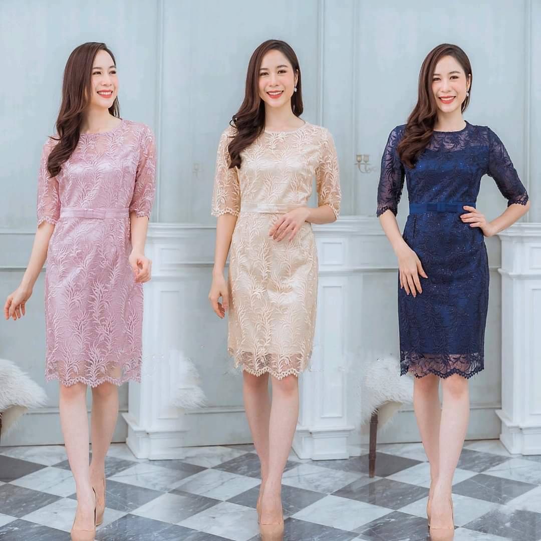kudapy เดรสสั้นไปงานลูกไม้คอกลม สีชมพูพาสเทล/สีครีมทอง/น้ำเงินกรมท่า เดรสใส่ออกงาน แขนสามส่วน