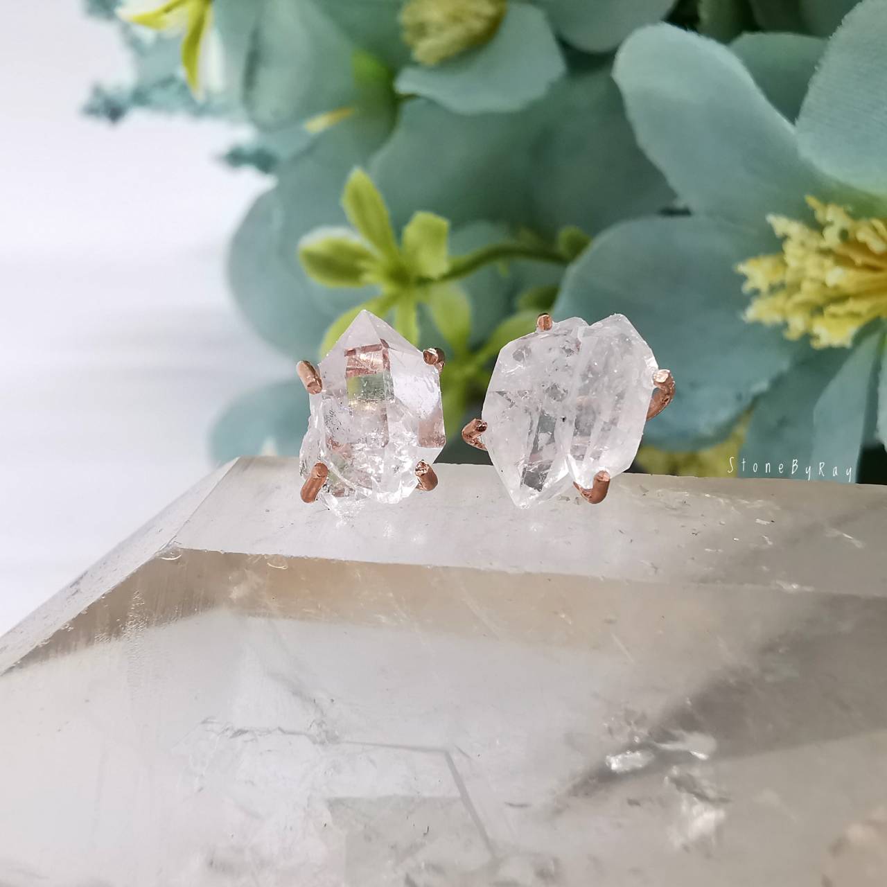 ต่างหูเงินชุบพิ้งโกลด์หินเฮอร์คิเมอร์ไดม่อน Herkimer Diamond