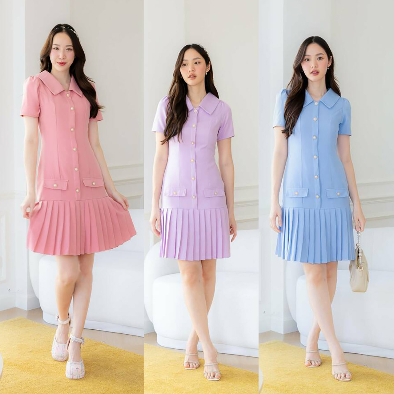 kudapy เเดรสสั้นสีชมพู/สีม่วง/สีฟ้า เดรสคอปกกระดุมมุกกระโปรงพลีท