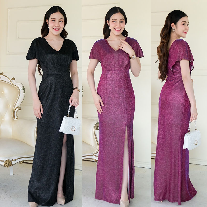 kudapy ดรสยาวสีดำ/สีม่วง ผ้า glitter คอวี แขนค้างคาว (ค้างคาว) กระโปรงหางปลาผ่าหน้า ใส่ออกงานสวยดูดี