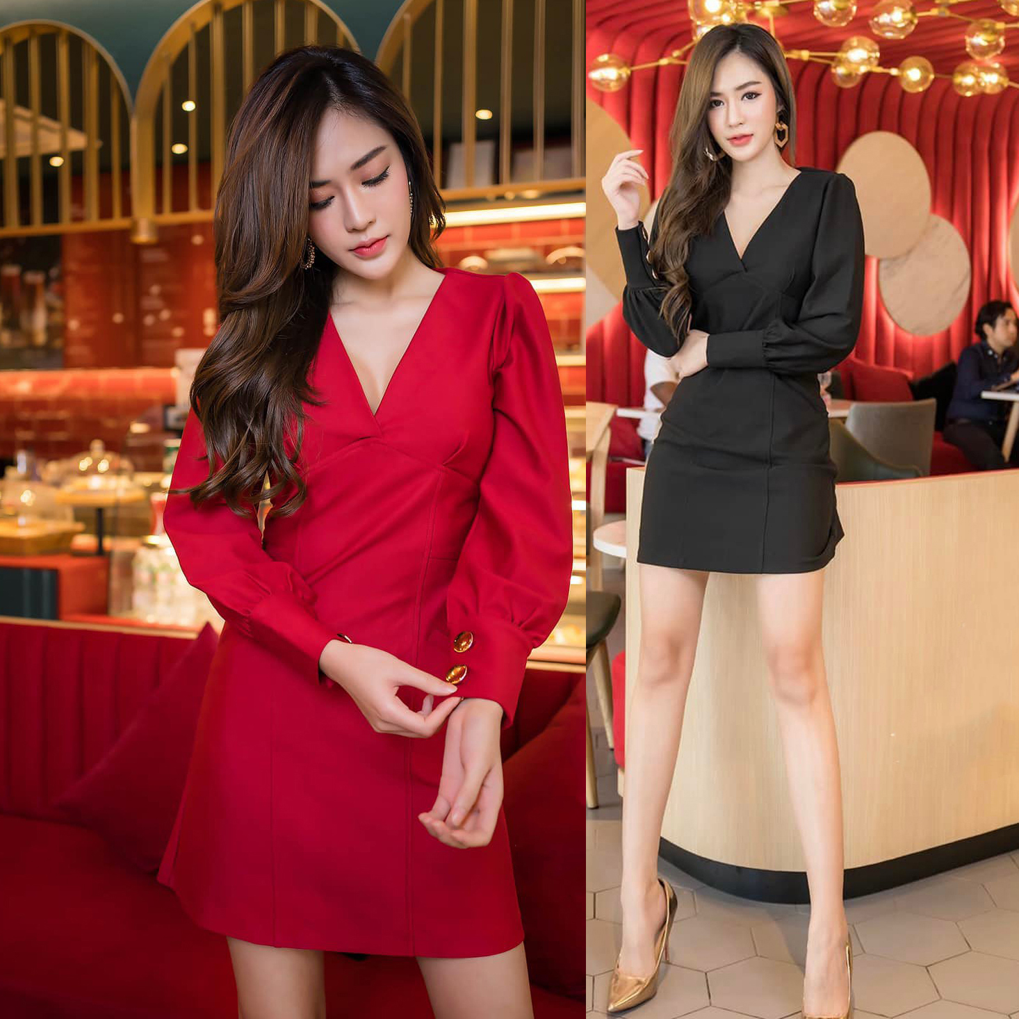 kudapy เดรสสั้นทรงเอคอวีแขนเเต่งกระดุมทองสีดำ/สีแดงสด ซิปหลัง แขนยาวผ่าข้าง กระเป๋าข้างใช้งานได้จริง เรียบแต่ดูเเพง น่ารักมาก ผ้ายืดหนา ยืดหยุ่นตามสัดส่วน