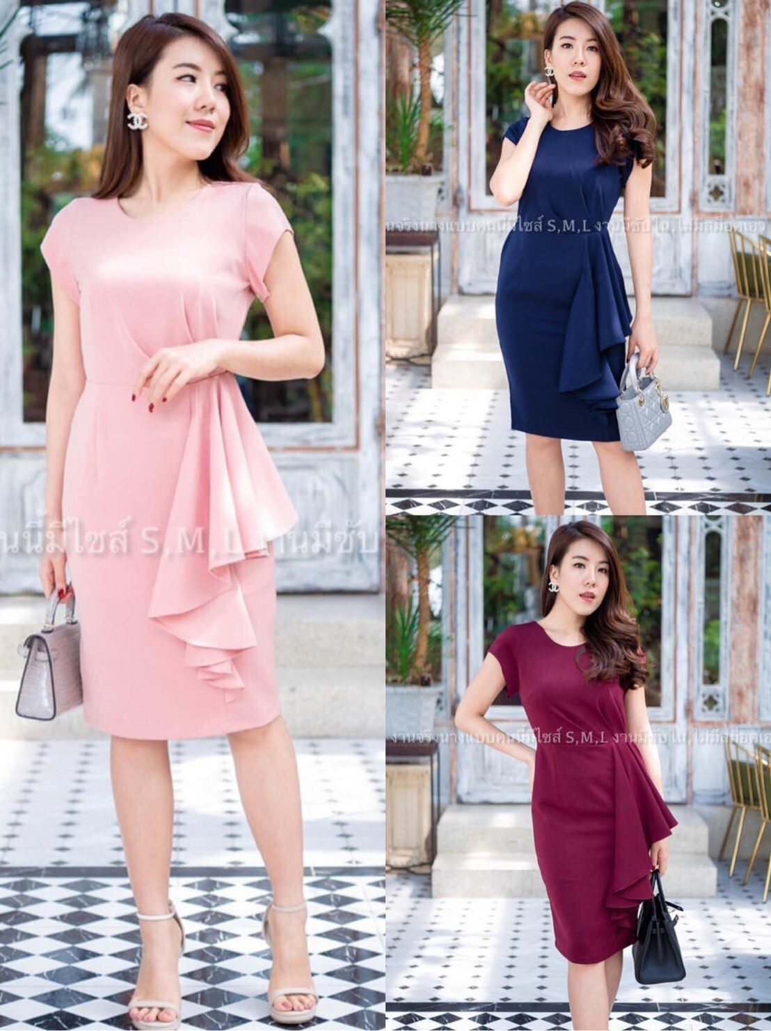 kudapy เดรสสั้นไปงานจับจีบระบายข้าง สีชมพู ,แดงเลือดหมู ,กรมท่า ,เขียวแก่ ,โอวัลติน ผ้าฮานาโกะ แขนสั้นกุด กปสั้นมีระบาย