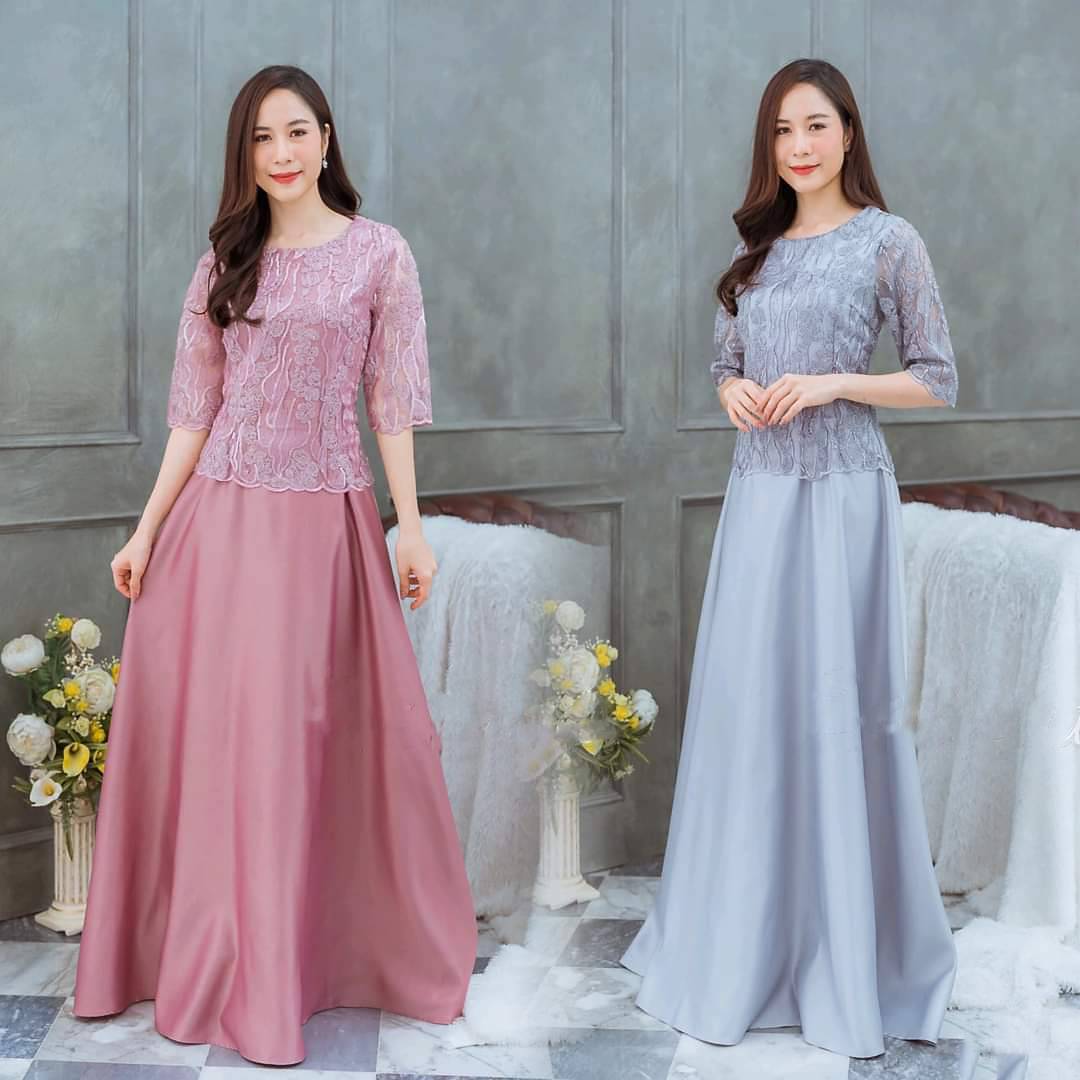 kudapy ชุดราตรียาว แม็กซี่เดรสยาวสีชมพู/สีเทา เดรสราตรีผ้า Satin Valentino สวยหรูด้วยลายลูกไม้ปักกลิตเตอร์วิ้ง เหมาะสำหรับใส่ออกงานมากค่ะ