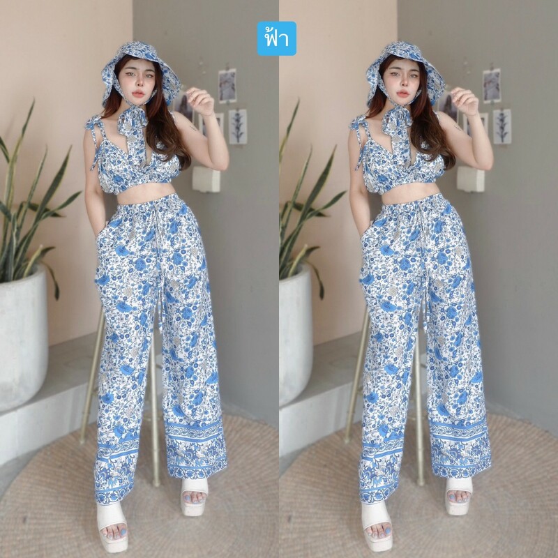 kudapy set 2 ชิ้น เสื้อสายเดี่ยว ผุกไหล่ พิมพ์ลาย + กางเกงขายาว ใส่เที่ยวทะเลชิลๆ