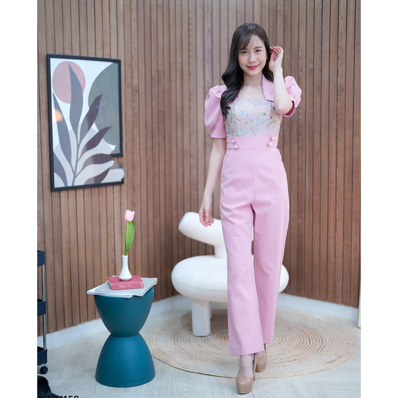 kudapy จั๊มสูทขายาวสีชมพู/สีน้ำตาล อกผ้าทอสวยดูดีใส่ออกงานน่ารักมากๆ