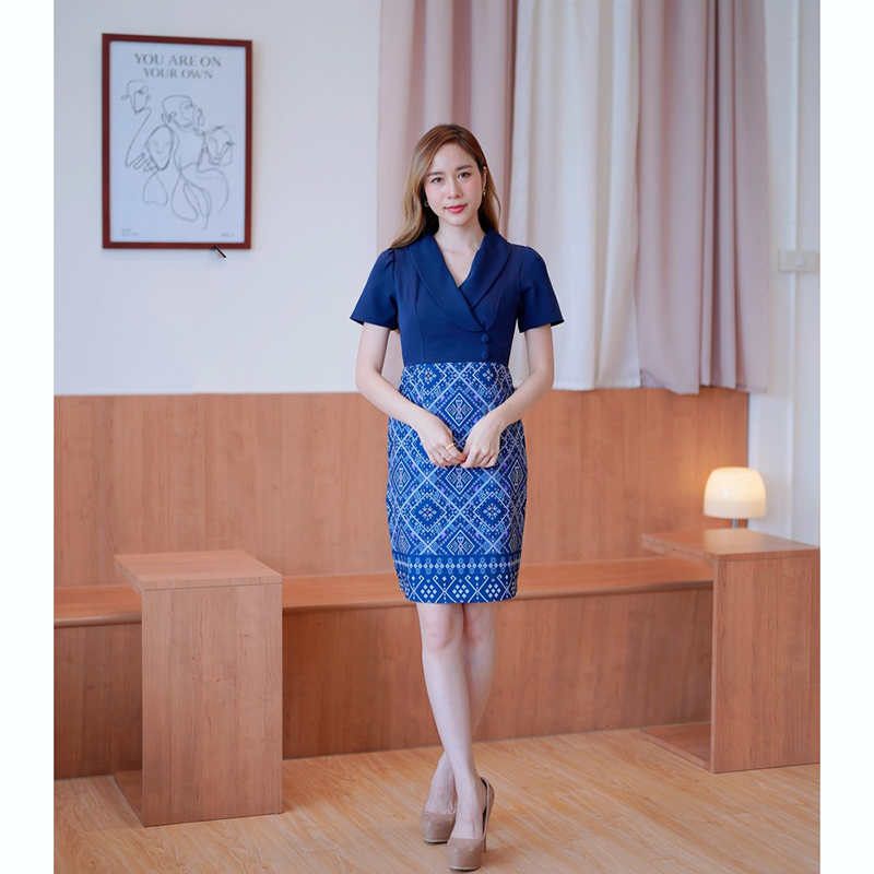 kudapy เดรสสั้นสีเหลือง/สีม่วง/สีกรม ปกสูทลายไทยสวยดูดีน่ารัก