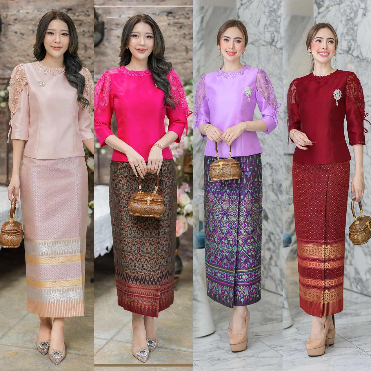 kudapy เสื้อผ้าพื้นไหมจิตรลดาแต่งลูกไม้สามมิติดอกลอยลูกไม้ที่ใช้พรีเมี่ยมทรงแขนบอลลูนมีเชือกผูก (เฉพาะเสื้อ)