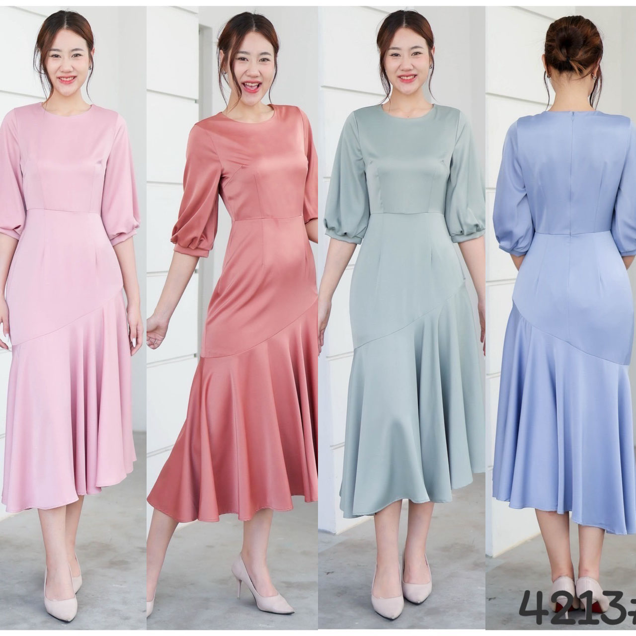 kudapy Midi dress ทรงคอกลม แขนพอง เอวสูง กระโปรงทรงเอ ปลายจับเดรปเฉียงข้าง ใส่พริ้วสวย