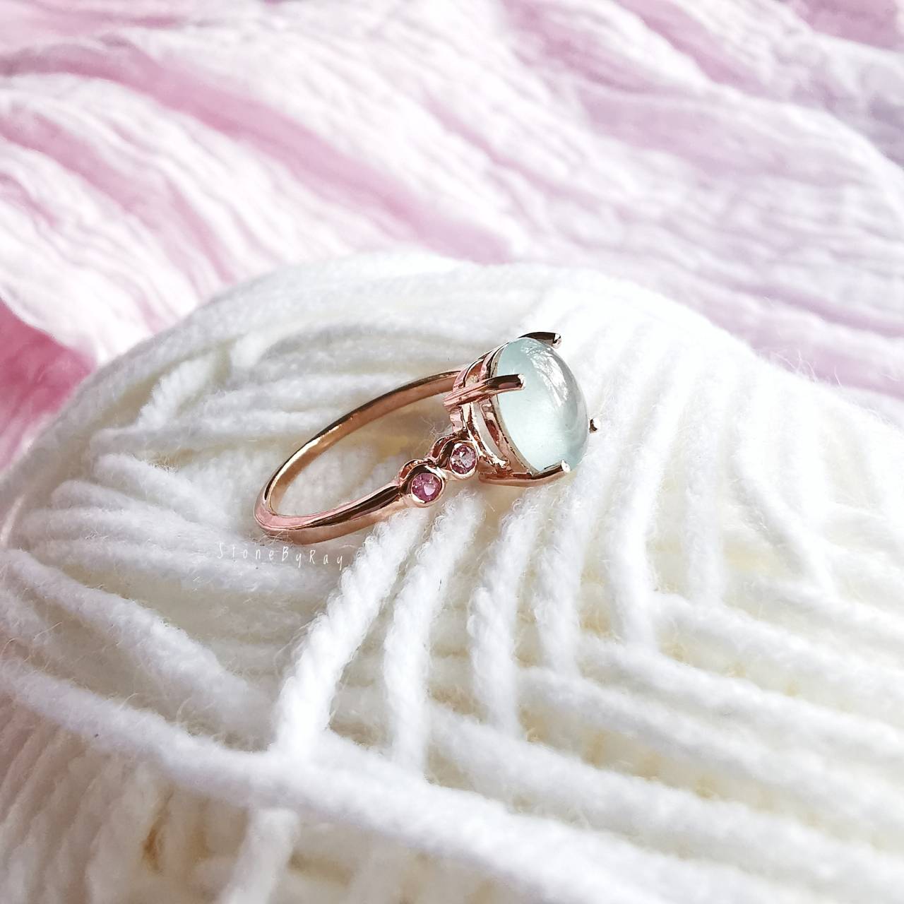 แหวนเงินชุบพิ้งโกลด์พลอยอความารีน+พิ้งแซฟไฟร์ Aquamarine+Pink Sapphire