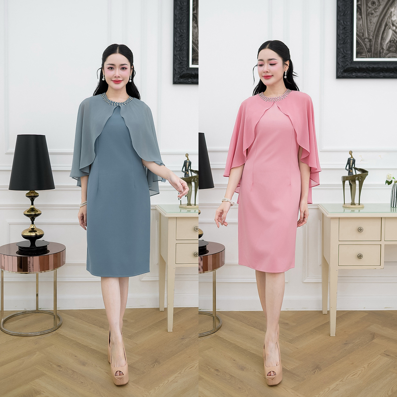 kudapy เดรสสไตล์คลุมไหล่ รอบคอแต่งเพชร ตัวเดรสเป็นงานผ้าทอผสมจะใส่สบายนุ่มผิว