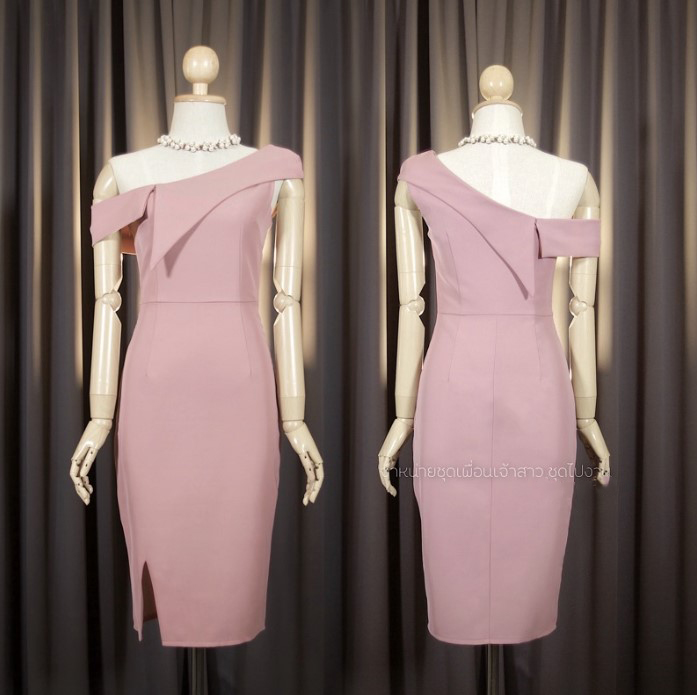 kudapy เดรสสั้นสีครีมนู้ด/สีเขียวอมเทา/แดงเบอรืกันดี้/กรมท่า/ชมพูเข้ม เดรสทรงสอบ ใส่ได้ 2 แบบ พับบ่าดีไซส์อกแหลม