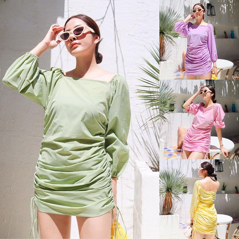 kudapy เดรสสั้นสีชมพู/ม่วง/เหลือง/เขียว ซิปหลังใส่ง่าย แขนพองนิดๆ คือแซ่บ เนื้อผ้าดียืดหยุ่นได้