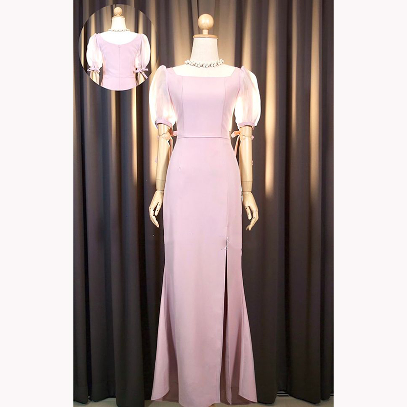 kudapy เดรสยาวออกงานสีครีมงาช้าง/เขียวพิตาชิโอ้/ชมพูอ่อน/ชมพูเข้ม/กรมท่า คอเหลี่ยม แขนตุ๊กตา ผูกโบว์ปรับขยายไซส์แขนได้ หรือ ดึงไหล่ลงแบบเปิดบ่า กระโปรงหางปลา