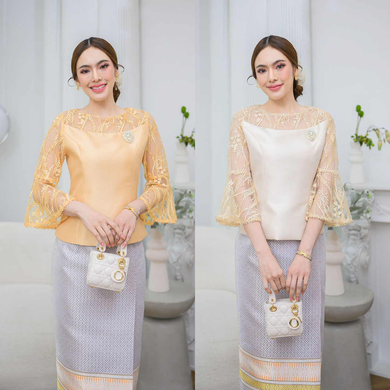kudapy เสื้อผ้าไหมญี่ปุ่น คอกลมแต่งผ้าทูลล์ ปักลายลูกไม้บุหงาลงบนเนื้อผ้า แต่งกริสเตอร์วิ้งๆบนลายลูกไม้เล็กน้อย แต่งแขนกระดิ่ง (เฉพาะเสื้อ)