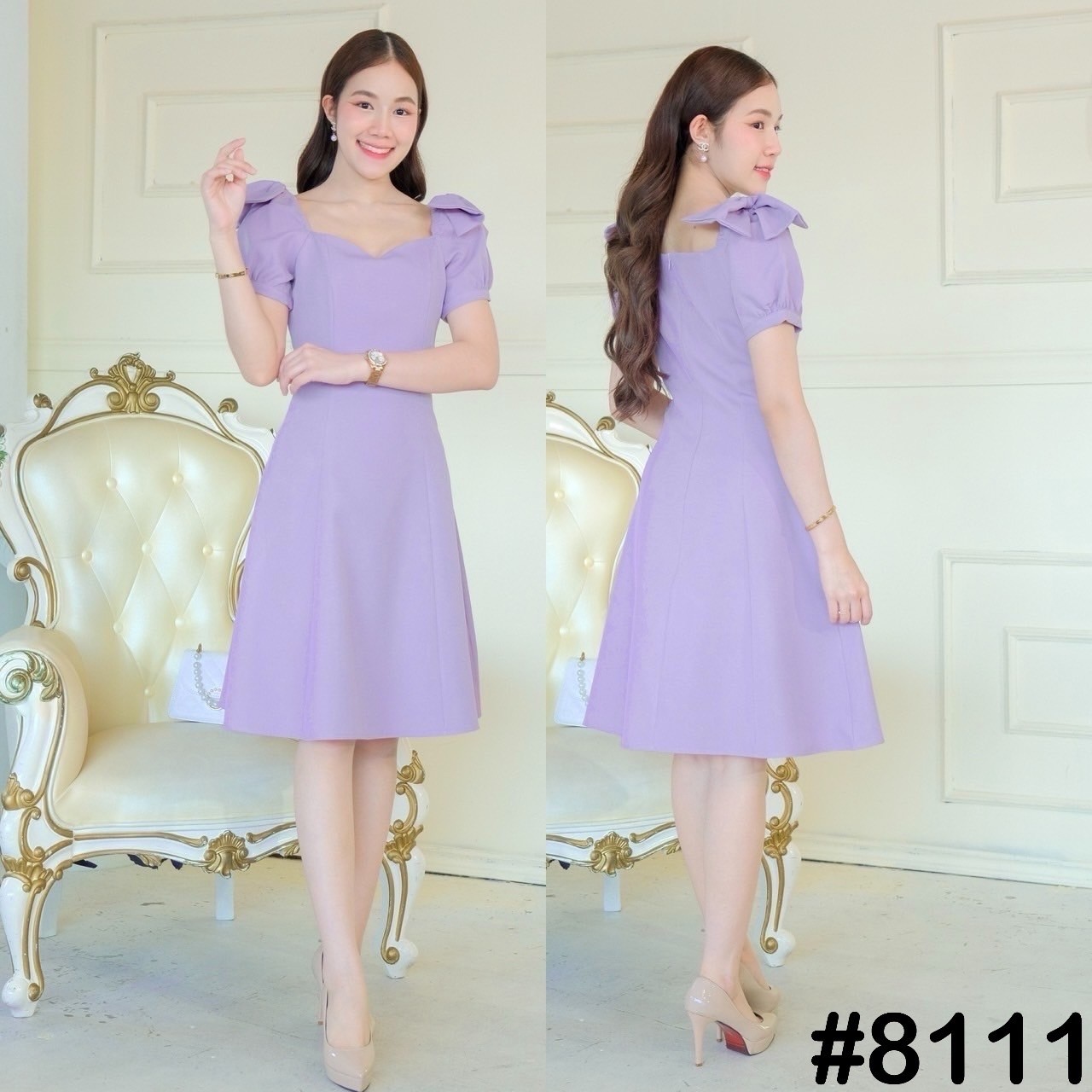 kudapy เดรสสั้นสีกรม/สีม่วง แขนตุ๊กตา ดีเทลบ่าโบว์ ทรงอกหัวใจ ปิดหัวไหล่ โบว์ปกบ่า เปิดหัวไหล่ โชว์โบว์