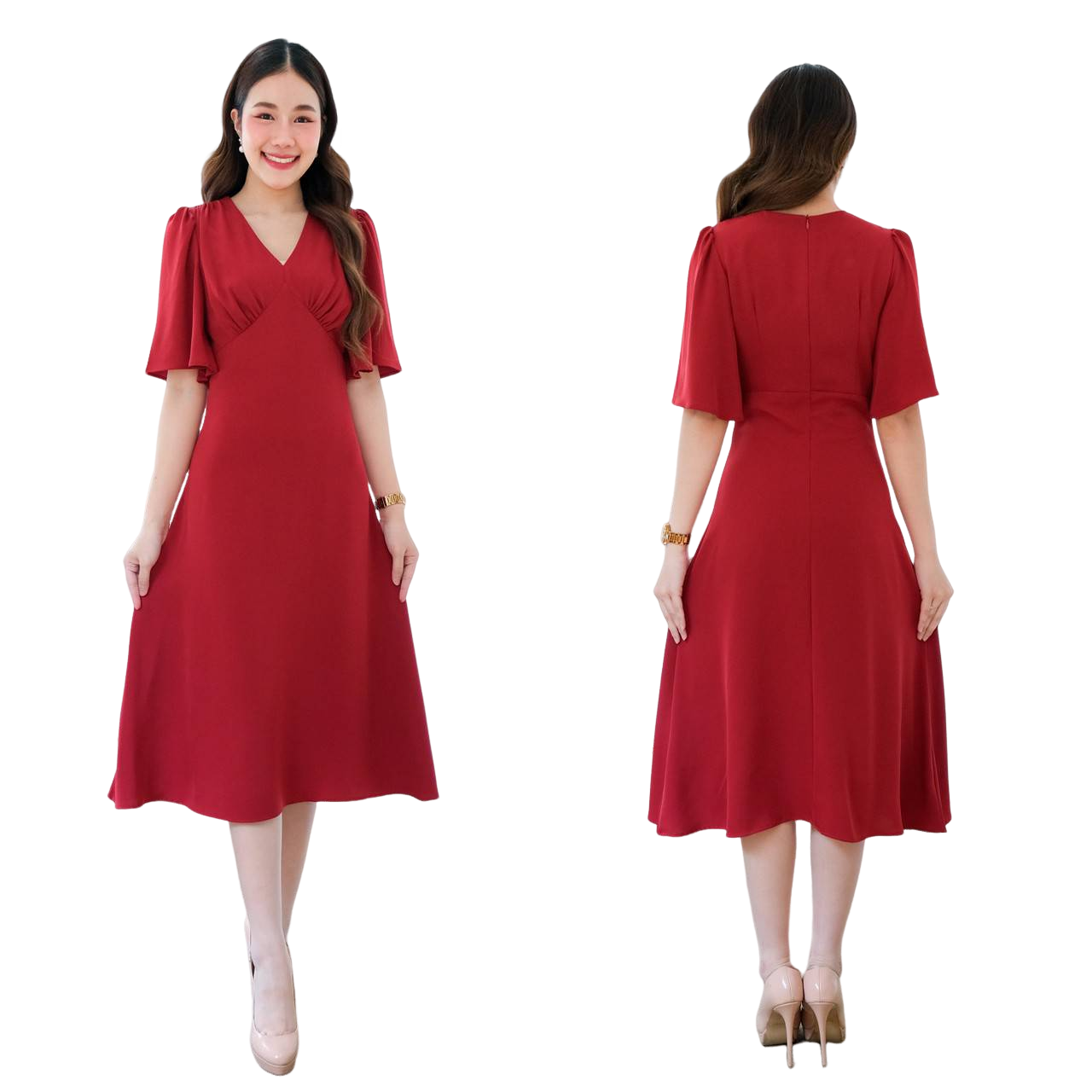 kudapy เดรสสั้นสีชมพูกลีบบัว,สีส้ม,สีครีม ,สีแดงเลือดหมู, สีขาว,สีน้ำเงินกรมท่า,สีเขียวมิ้นท์ คอวี แขนกระดิ่ง คัตติ้ง เอวสูงปรี๊ด กระโปรงบานตีเกร็ดเอว