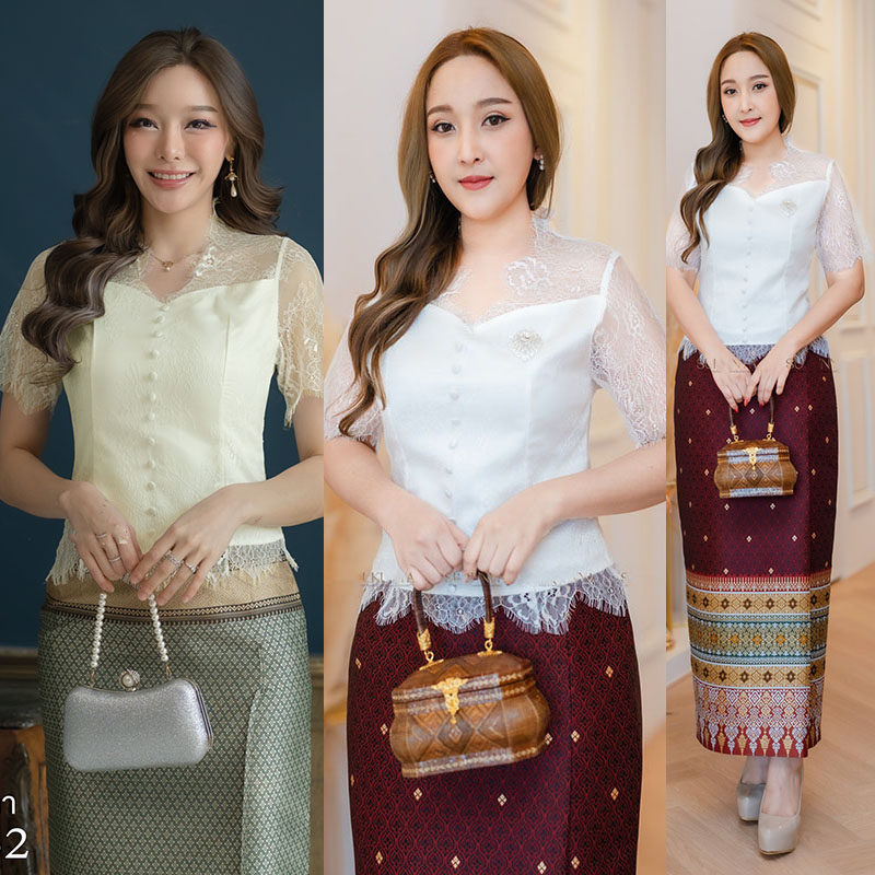 kudapy เสื้อลูกไม้ขาว/สีครีม เนื้อฝรั่งเศสเลี่ยมนิดหน่อย เนื้อนิ่มไม่แข็งแขนสั้น ซับในอย่างดีมาพร้อมชิปซ่อนหลัง แบบชิปเลขมีกระดุมติดทำให้ใส่สบาย (เฉพาะเสื้อ)