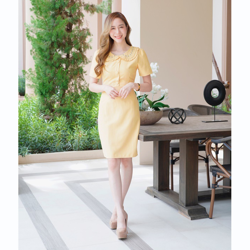 kudapy เดรสสั้นคอปกสีฟ้า/สีชมพู/สีเหลือง ใส่ทำงานผ้าลูกฟูกมีกระดุมกลางอกสวยดูดีคุณหนู