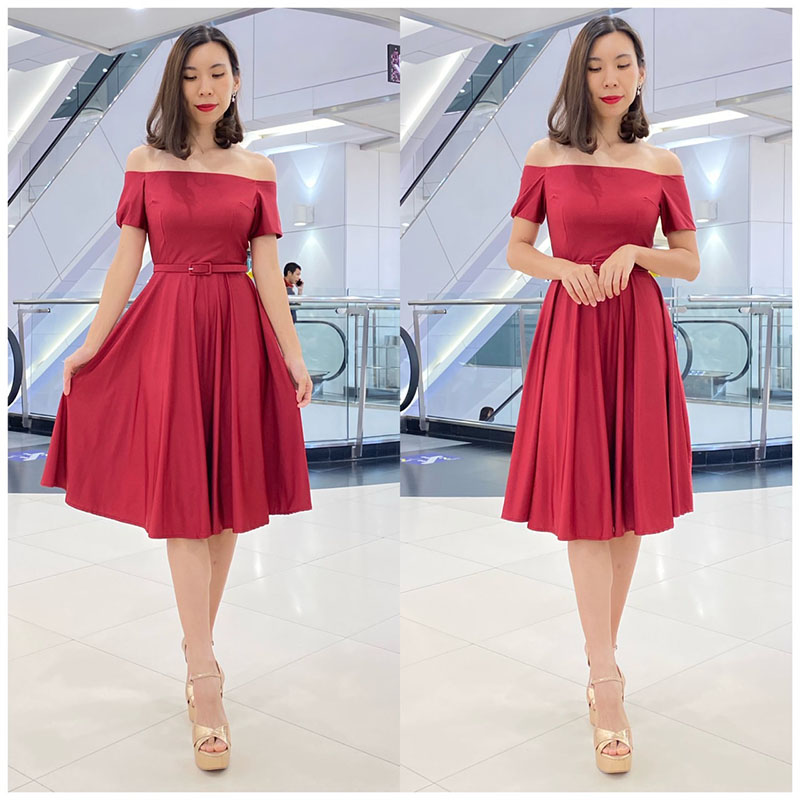 kudapy เดรสสั้นสีแดงไวน์/สีส้มอิฐ/สีกรมท่า ทรงเปิดบ่าปิดแขน ช่วยให้ดูเพรียว กระโปรงฟรีสะโพก มาพร้อมเข็มขัด (ถอดออกได้)