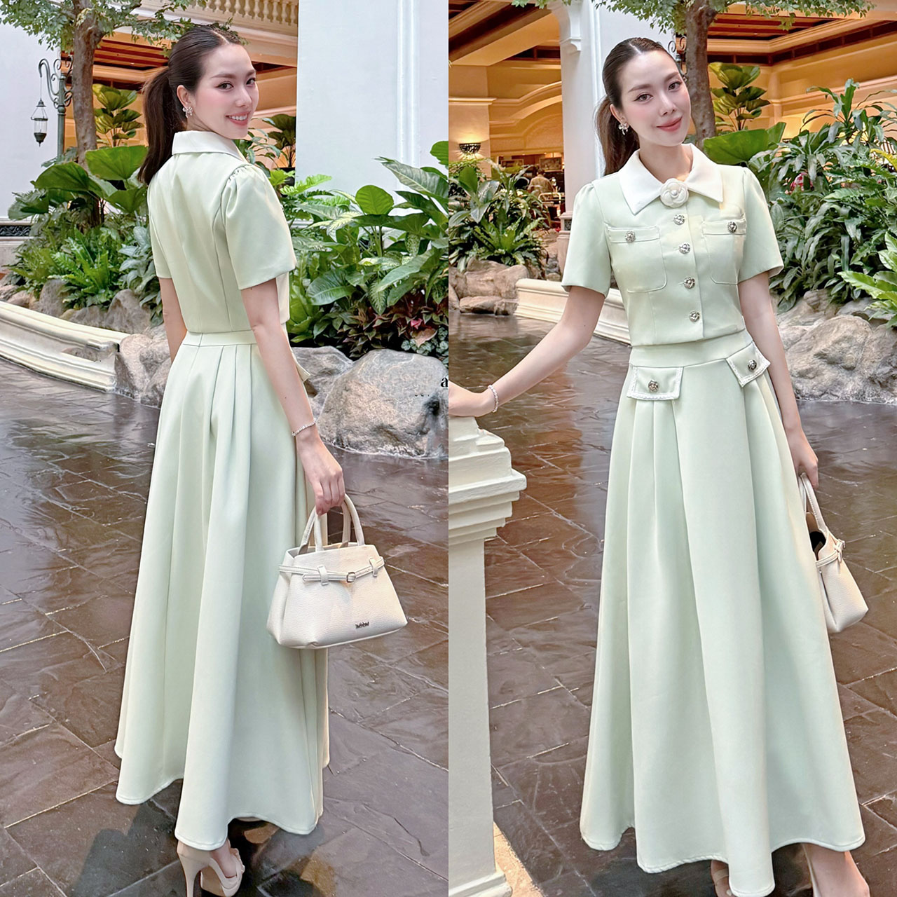 kudapy ชุดเซ็ทเสื้อทรงครอป กระดุมจริงรูปดอกไม้สีเงิน แต่งปกสีขาว มาพร้อมกับกระโปรงยาวซิปหลัง แต่งกระเป๋าหลอกด้านหน้า