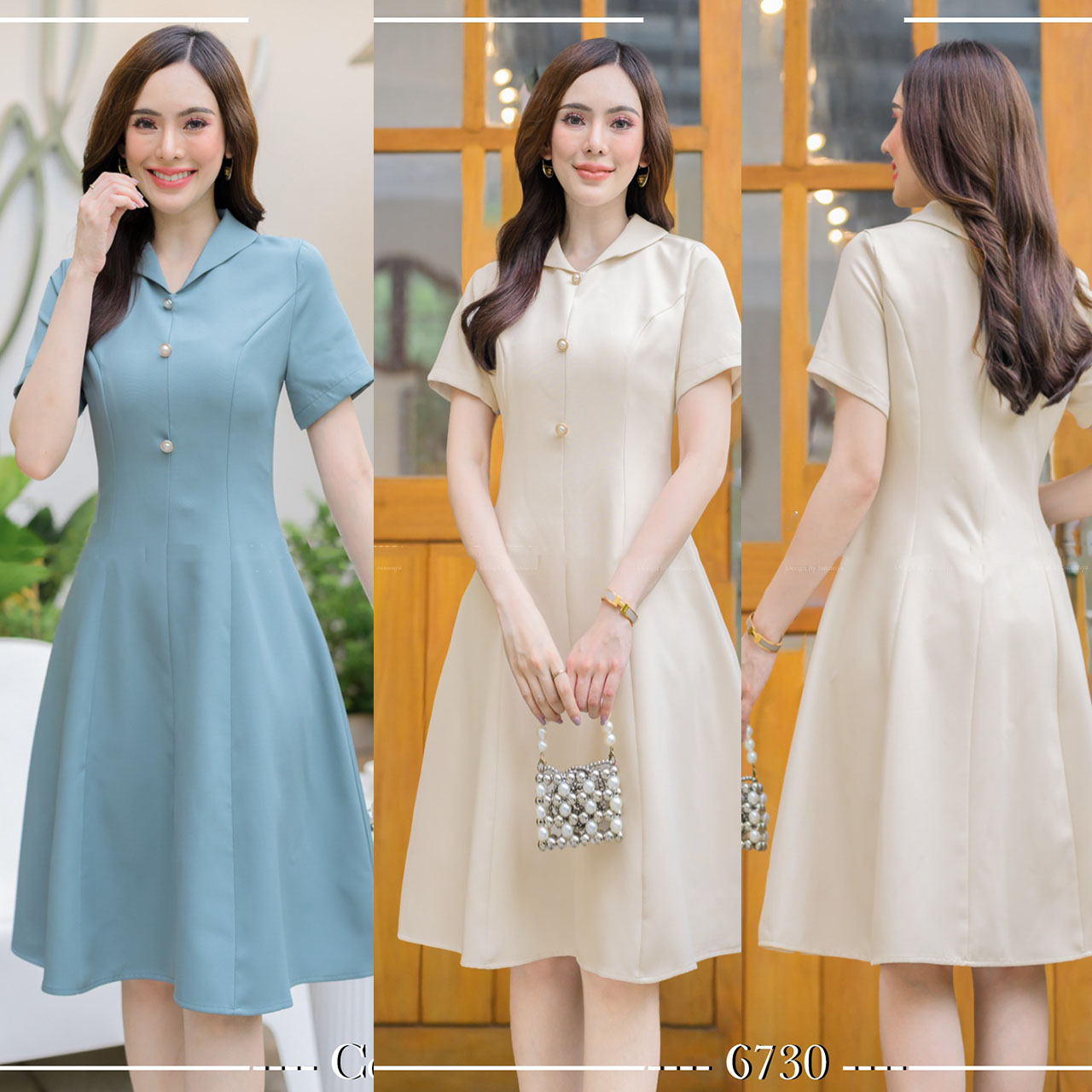 kudapy เดรสสั้นสีครีม/ฟ้าคราม ผ้าโพสลีเอสเตอร์ ดีไซด์คอปกสวยมากๆแต่งกระดุมมุกด้านหน้า มีซับใน มีชิปซ่อนหลัง