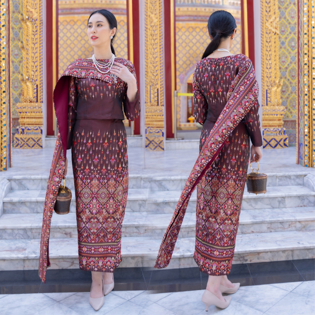 kudapy ชุดผ้าไหมทอลายสีแดง สีเทา ชุดออกงาน ไปวัด ทำบุญ - รุ่นละอองดาว แต่งสไบ