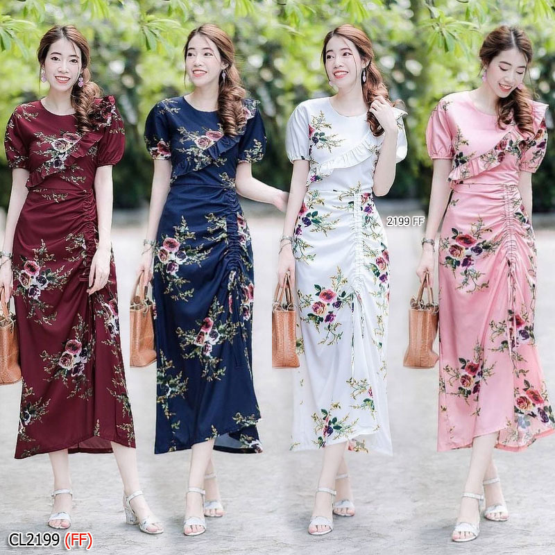 kudapy เดรสยาวสีชมพู กรม ครีม ขาว แดงผ้าวูลพีชพิมพ์ลายดอกกุหลาบ แขนบาบี้ปลายแขนจั้มยาง